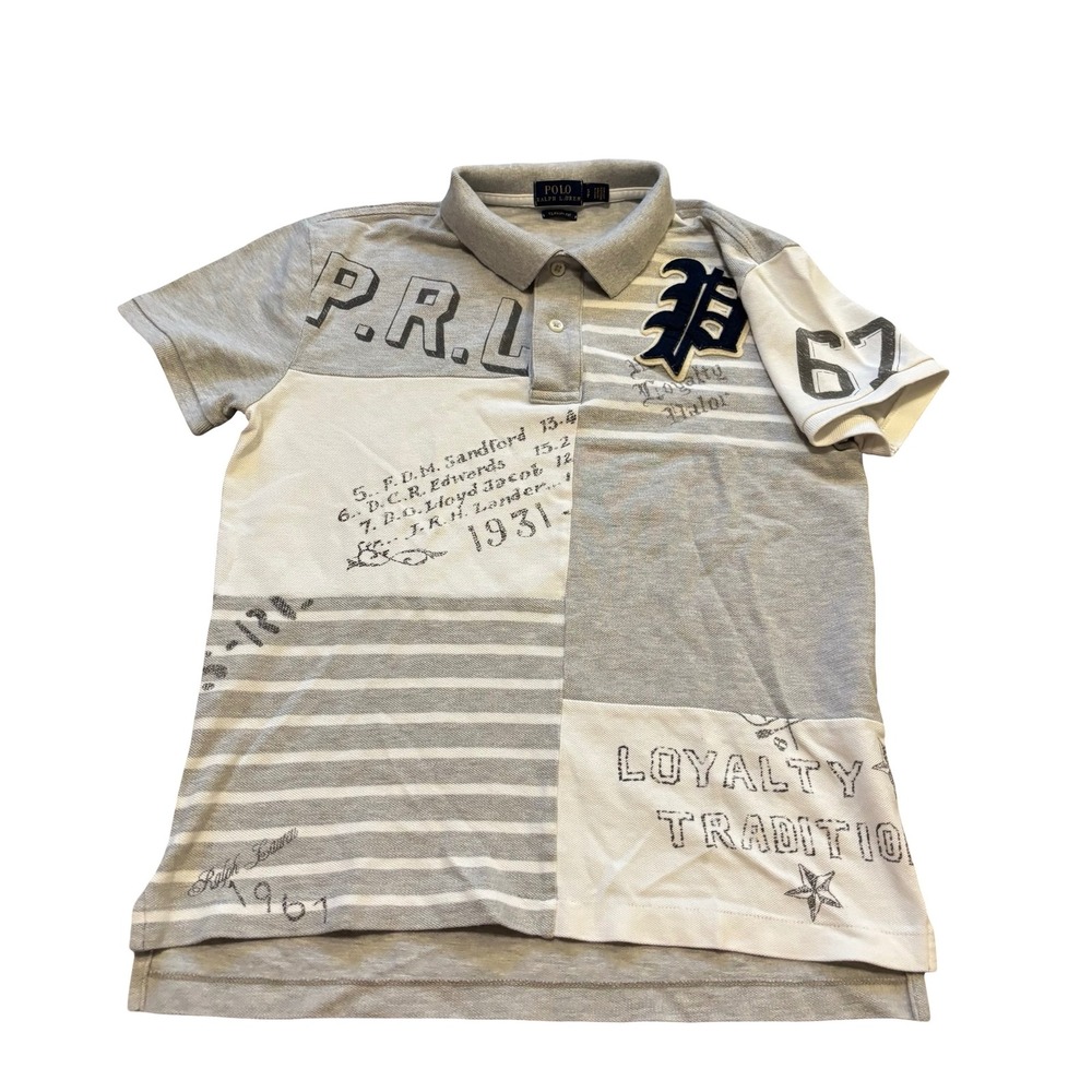 Polo Ralph Lauren‎ Mens Grey Patchwork Graphic Varsity Polo Shirt Small Classic